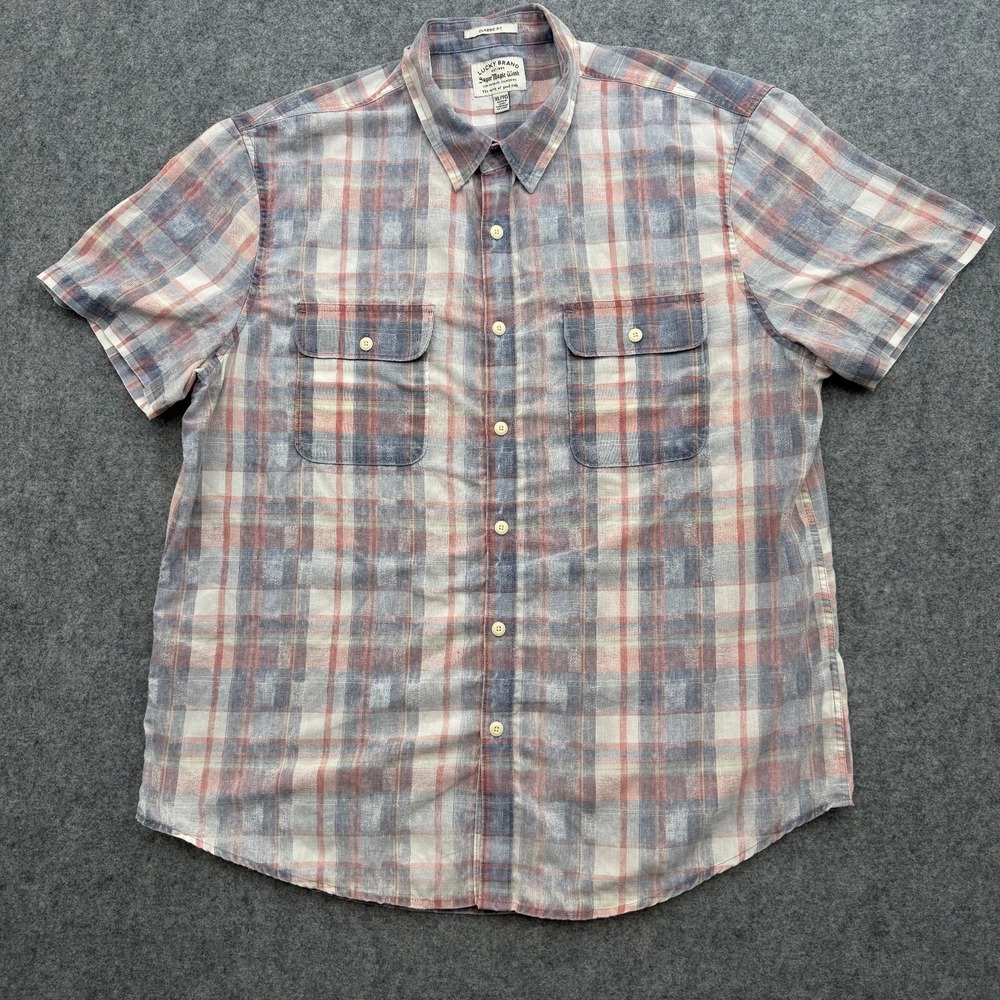 LUCKY BRAND Men's Dress Shirt XL Blue Red Plaid Polyester Cotton Classic Fit
